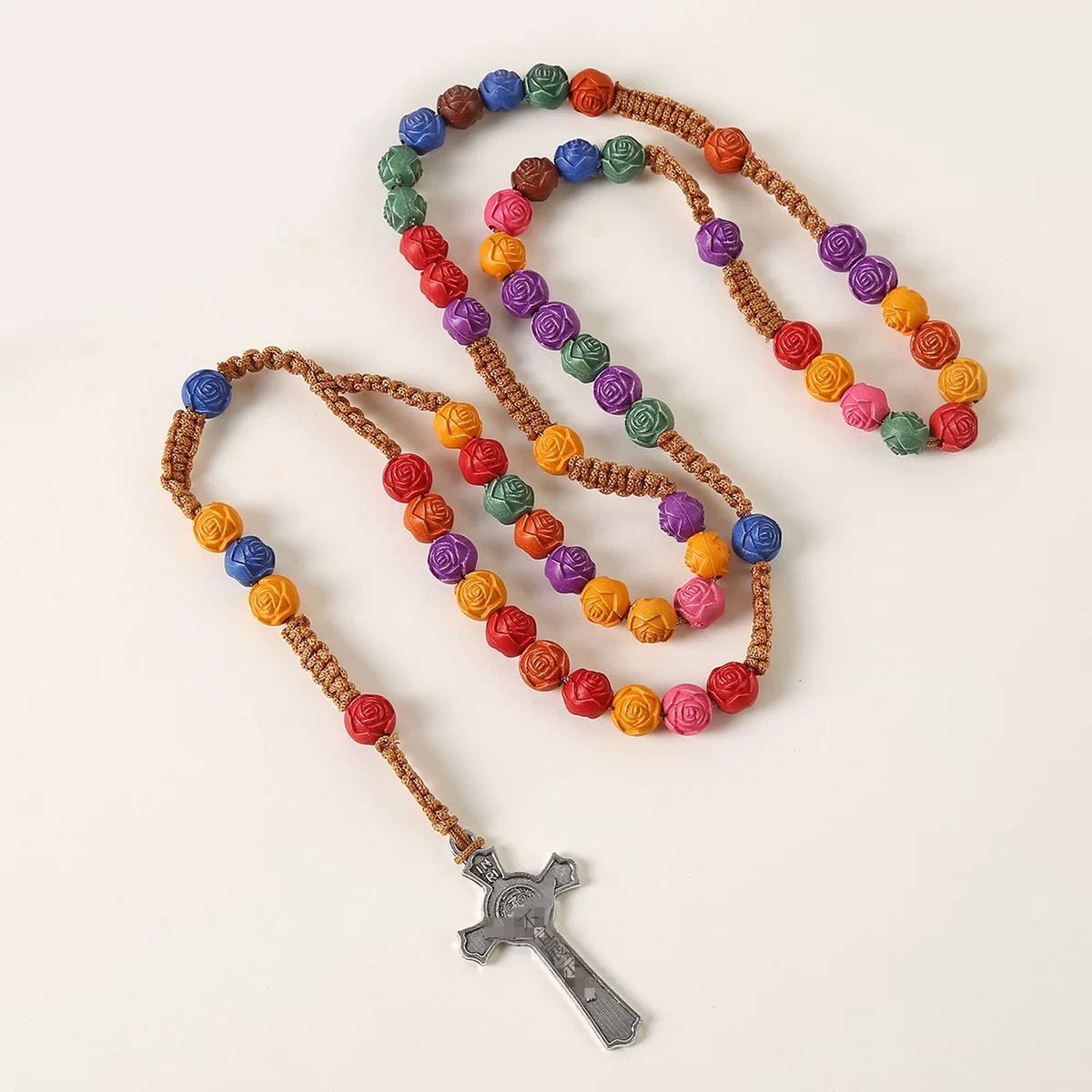 彩色十字架玫瑰念珠项链10mm塑料圣餐编织圣诞节跨境饰品批发