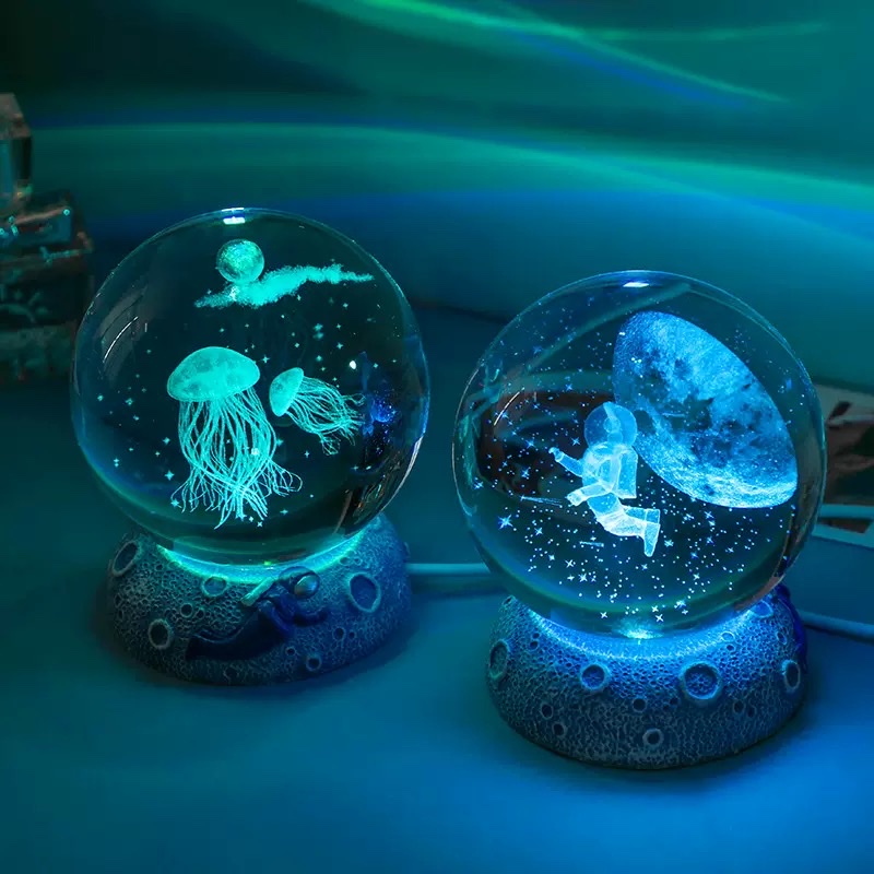3d crystal ball with inner engraving + Star Sea astronaut resin luminous base