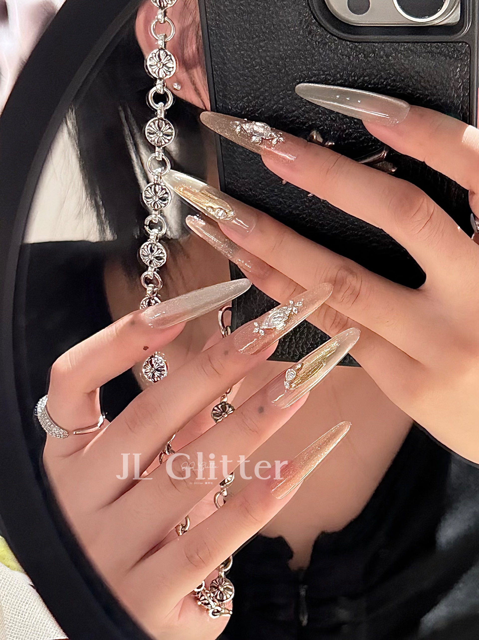 JLGlitter Golden sequined glitter pink ethereal nail nail patches, the same style of wearable nail for Internet celebrities detail image 7