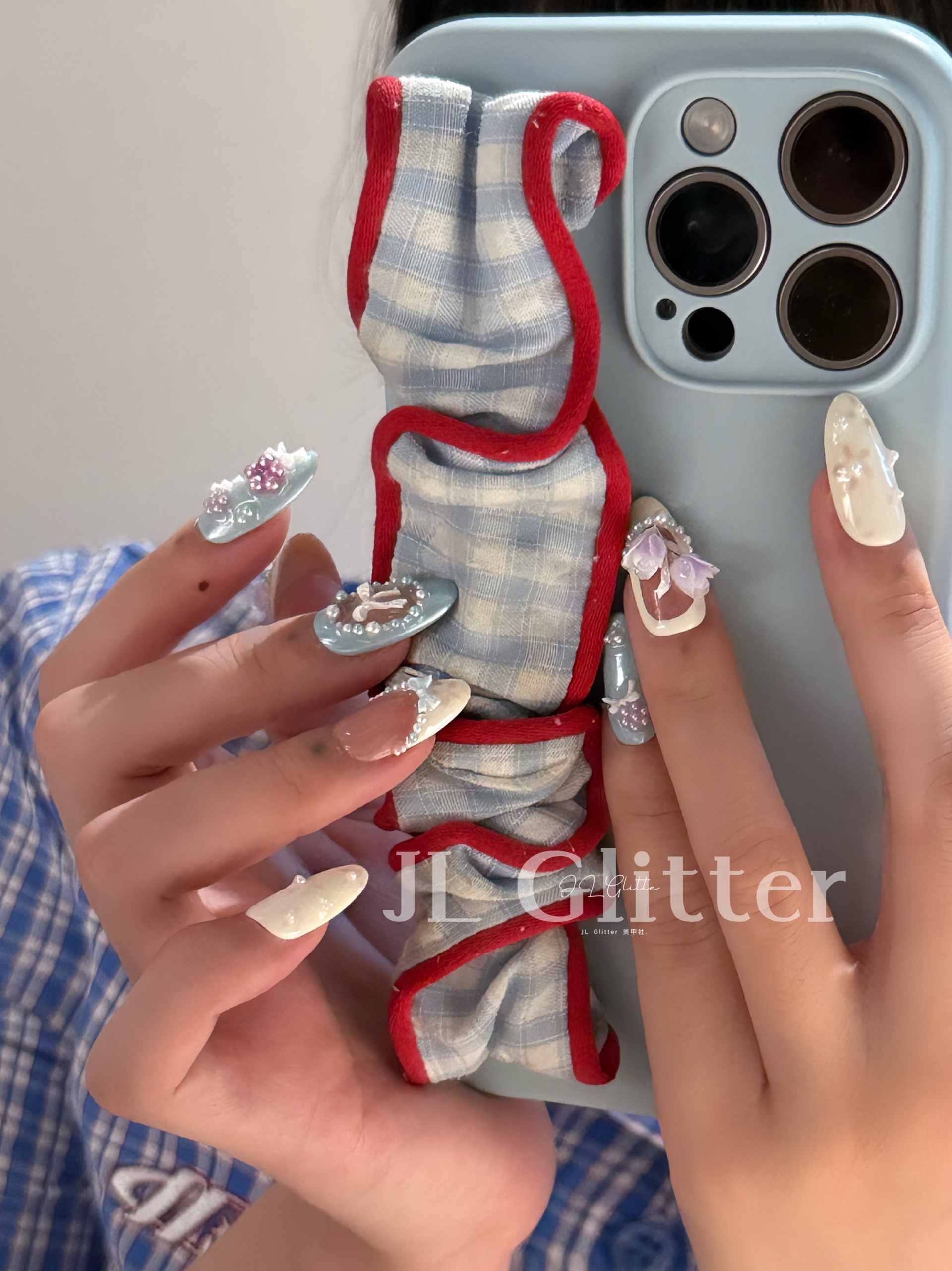 JLGlitter Blue bow custom three-dimensional flower pearl wearing armor, fairy-like princess style, the same as the Internet celebrity style detail image 3