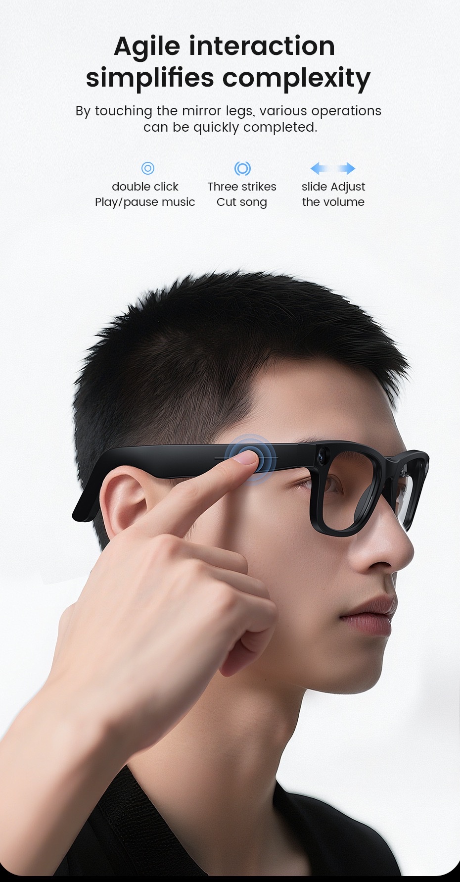 The E03 AI smart glasses feature 8-megapixel anti-shake camera, video and audio recording, real-time translation for listening to music, and ai recognition for taking photos detail image 4