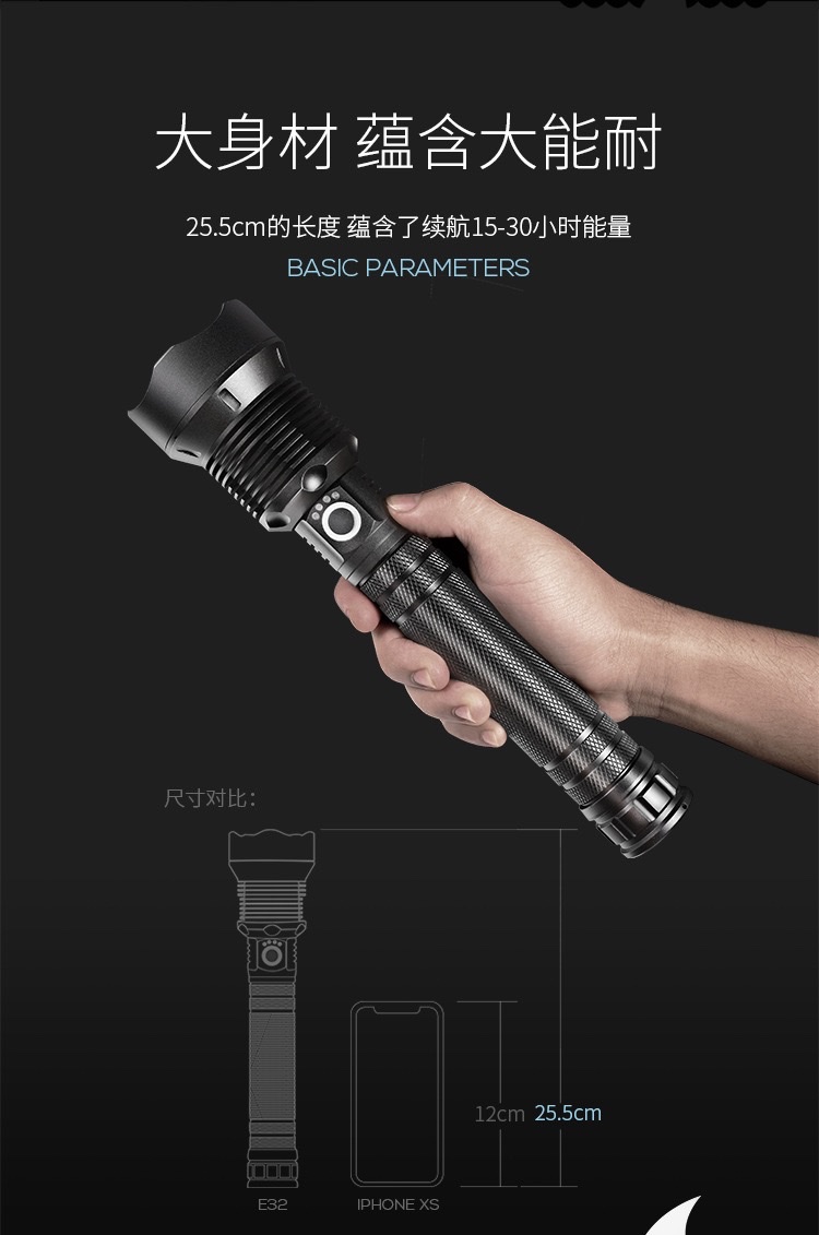 户外强光远射手电筒P70高亮铝合金手电长款带电显伸缩变焦手电筒详情图5