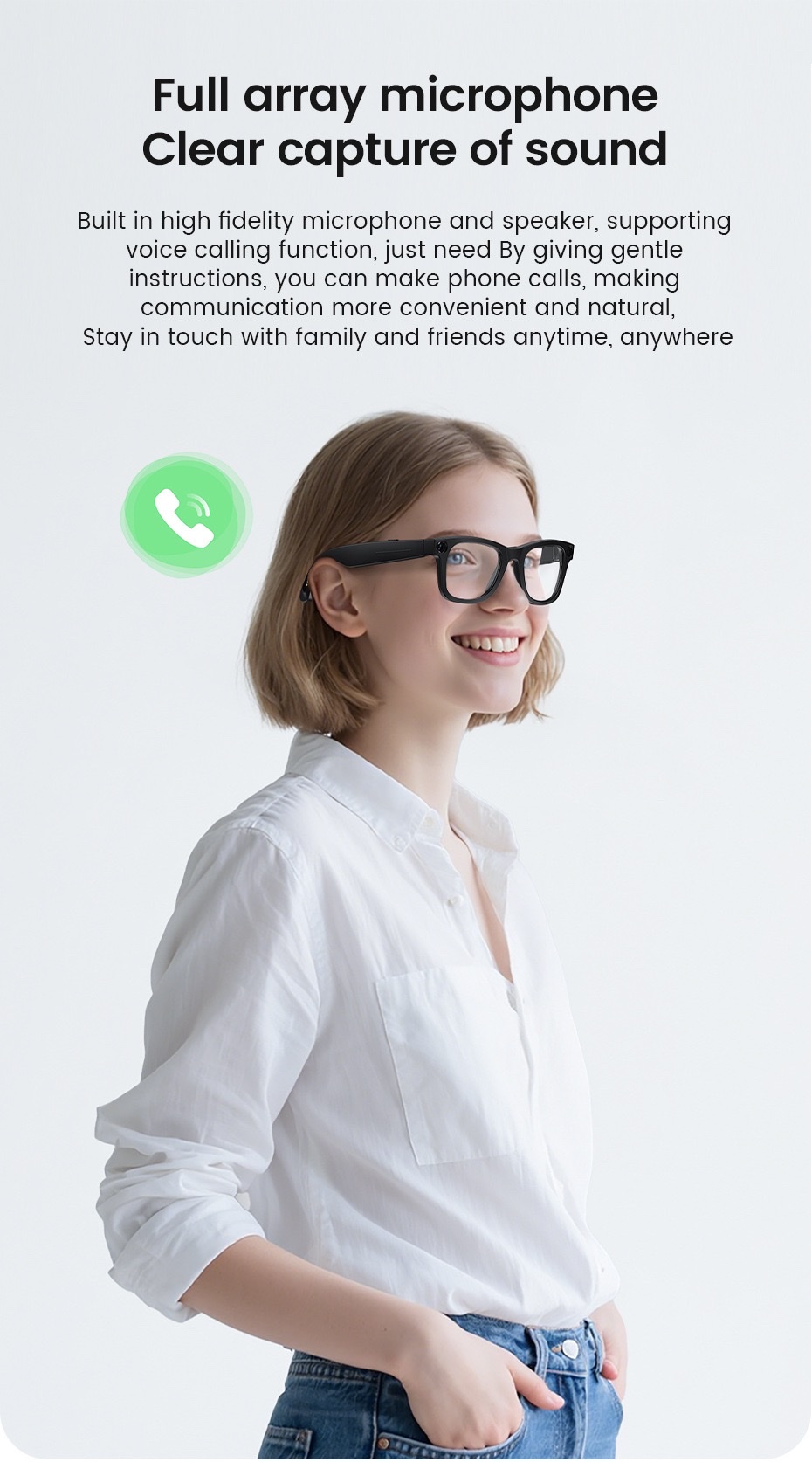 The E03 AI smart glasses feature 8-megapixel anti-shake camera, video and audio recording, real-time translation for listening to music, and ai recognition for taking photos detail image 11