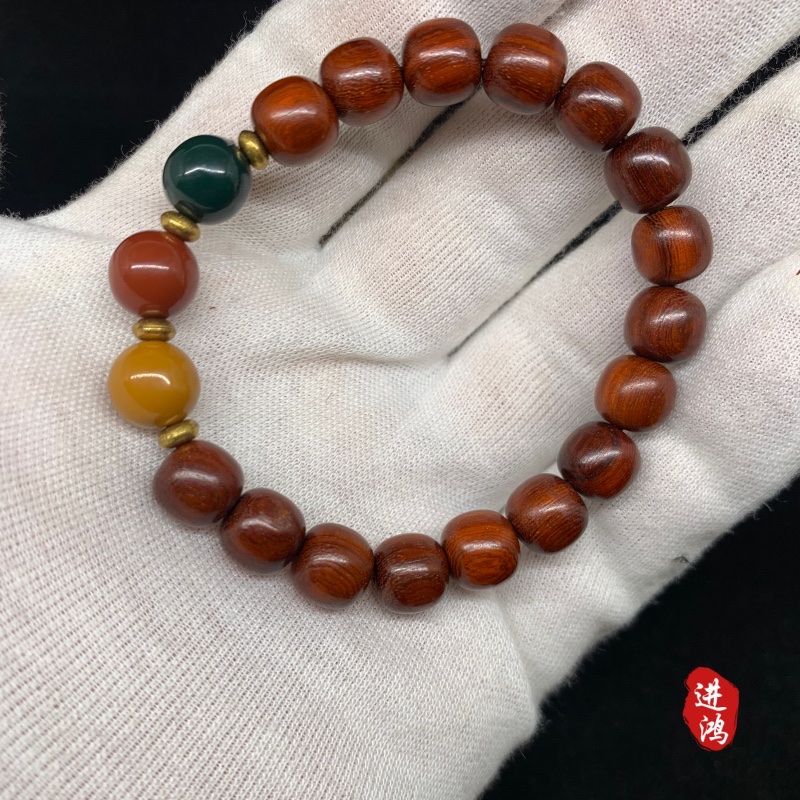 国风血檀多宝珠手串新中式檀木老型珠素圈文玩佛珠手链编织