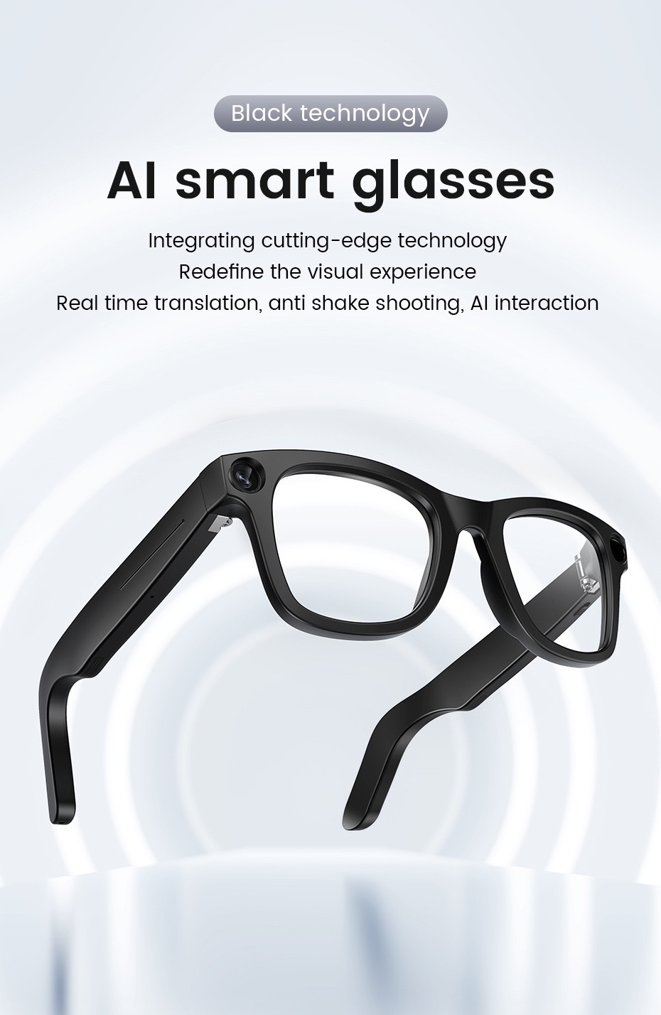 The E03 AI smart glasses feature 8-megapixel anti-shake camera, video and audio recording, real-time translation for listening to music, and ai recognition for taking photos detail image 1