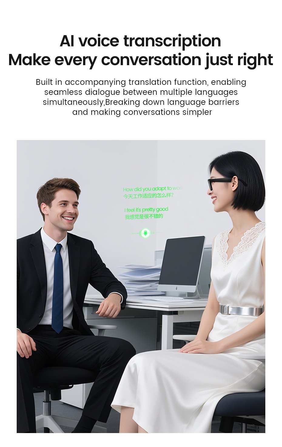 The E03 AI smart glasses feature 8-megapixel anti-shake camera, video and audio recording, real-time translation for listening to music, and ai recognition for taking photos detail image 12