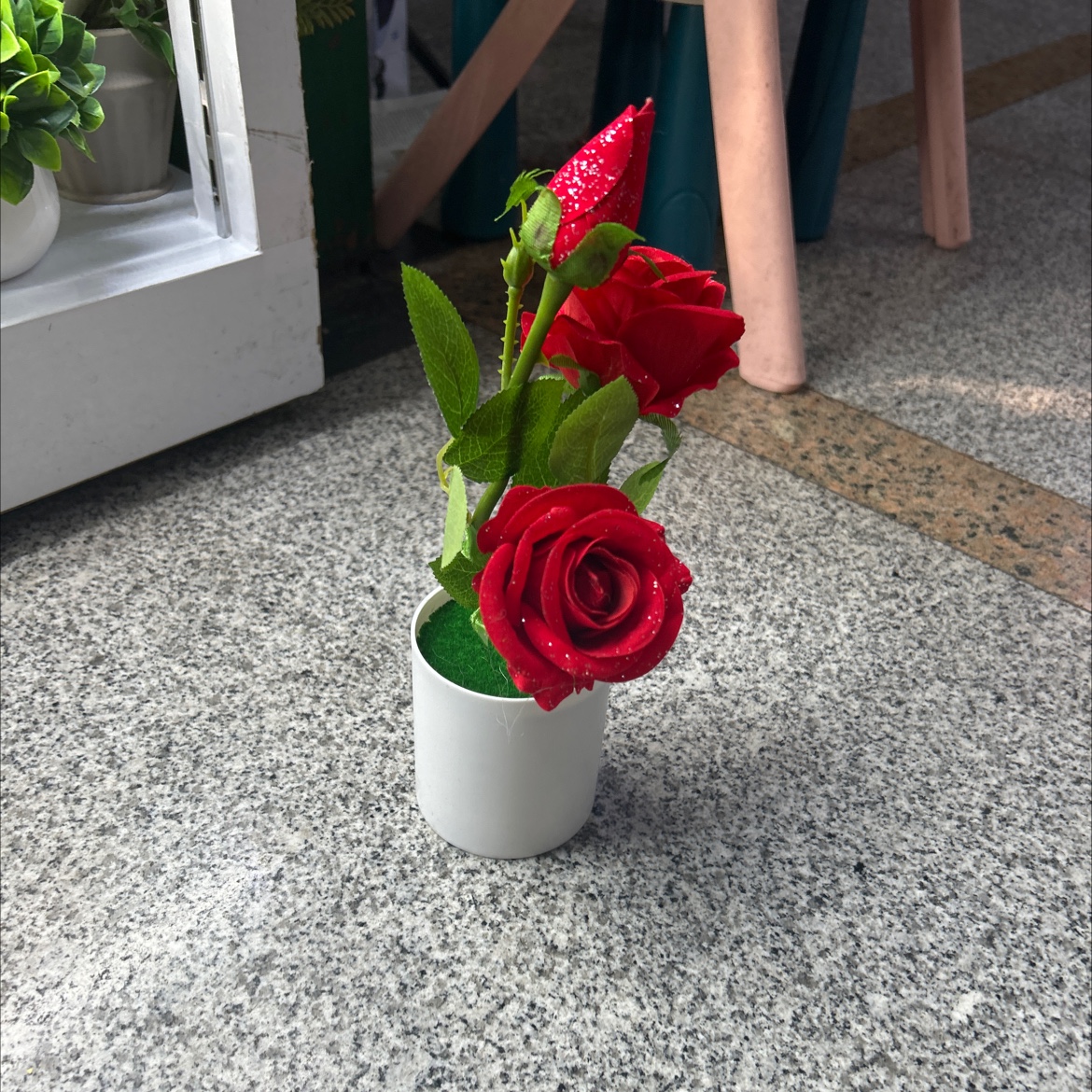 仿真亮片绒玫瑰盆景办公室客厅家用小玫瑰盆景仿真花仿真花