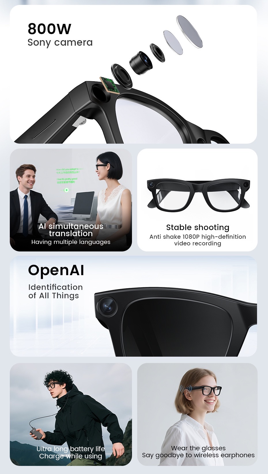 The E03 AI smart glasses feature 8-megapixel anti-shake camera, video and audio recording, real-time translation for listening to music, and ai recognition for taking photos detail image 3