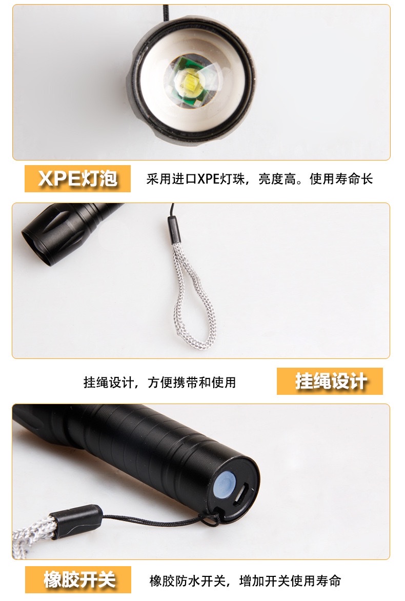 紫光小手电带侧灯COB强光伸缩变焦 USB充电套装迷你511手电筒详情图7