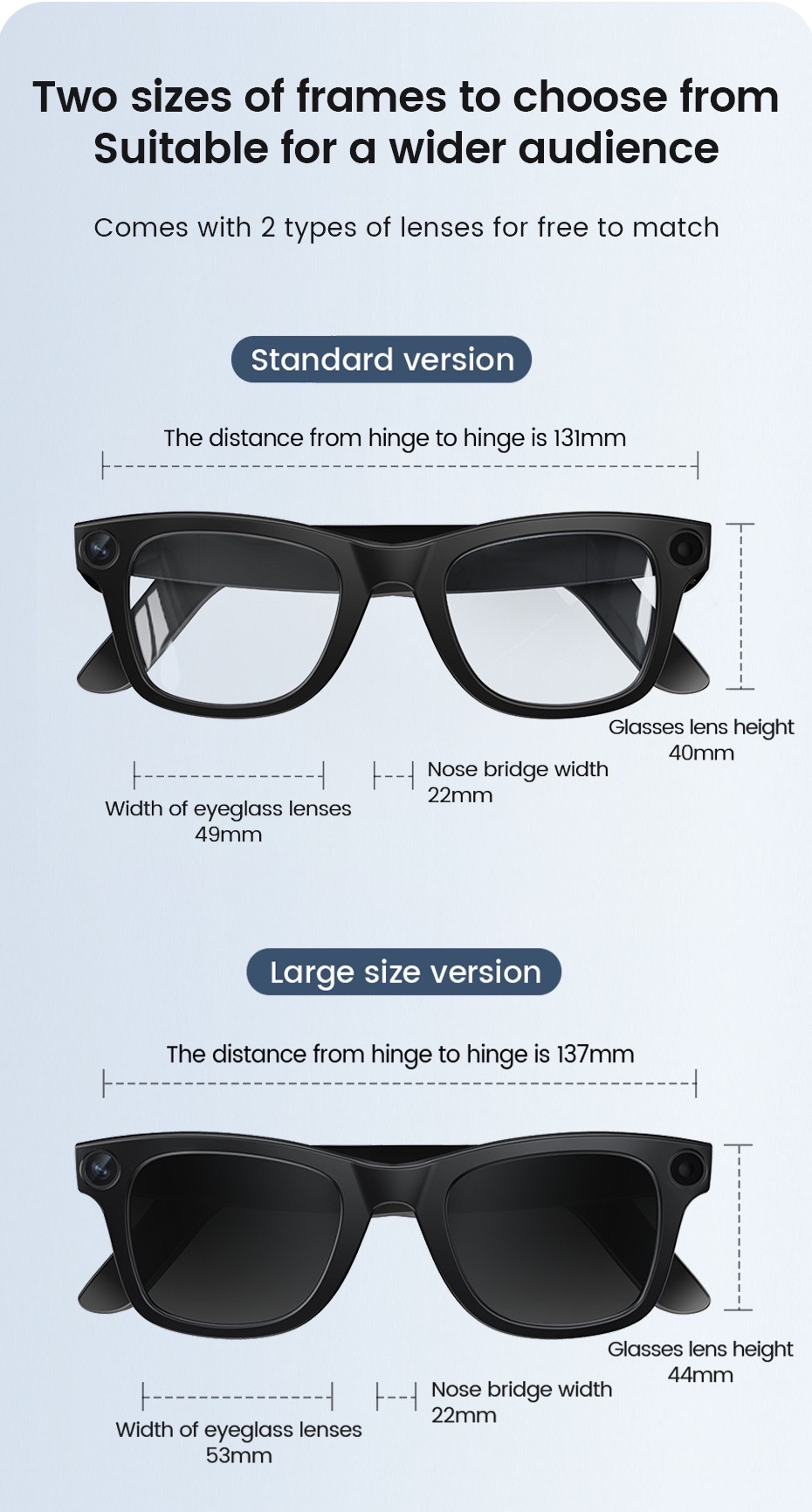 The E03 AI smart glasses feature 8-megapixel anti-shake camera, video and audio recording, real-time translation for listening to music, and ai recognition for taking photos detail image 14