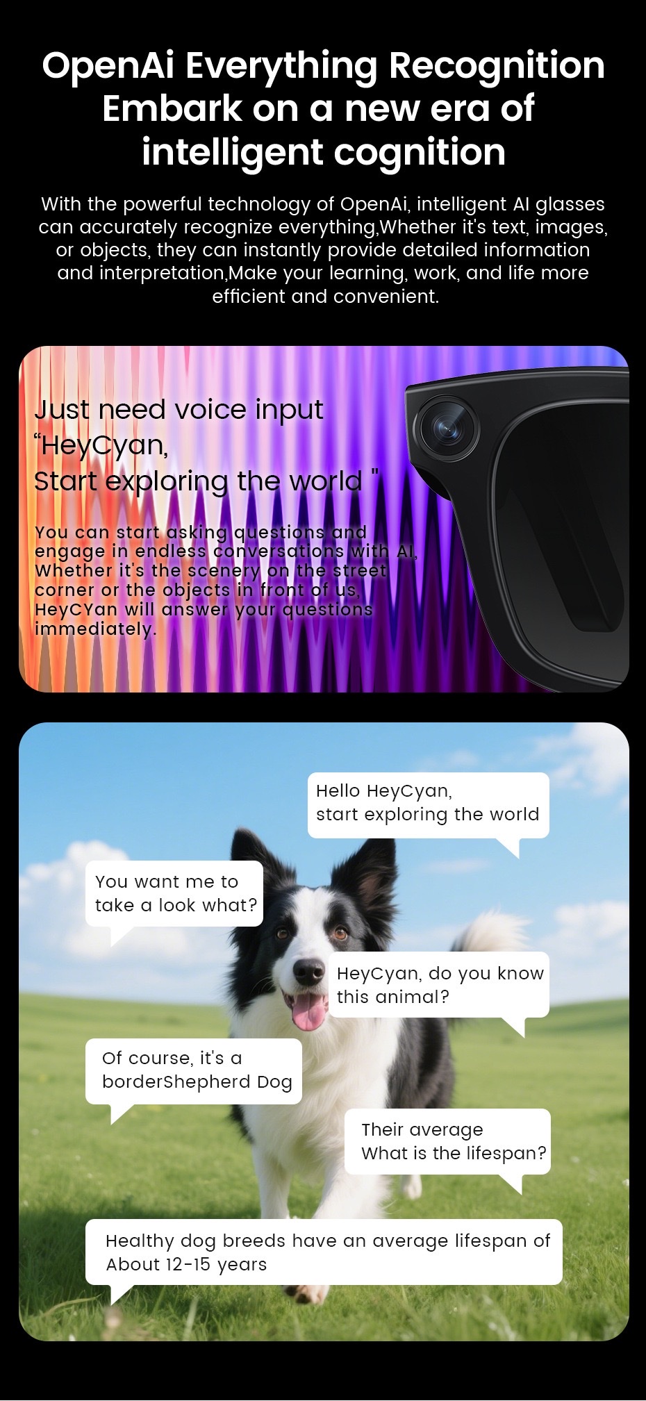 The E03 AI smart glasses feature 8-megapixel anti-shake camera, video and audio recording, real-time translation for listening to music, and ai recognition for taking photos detail image 9