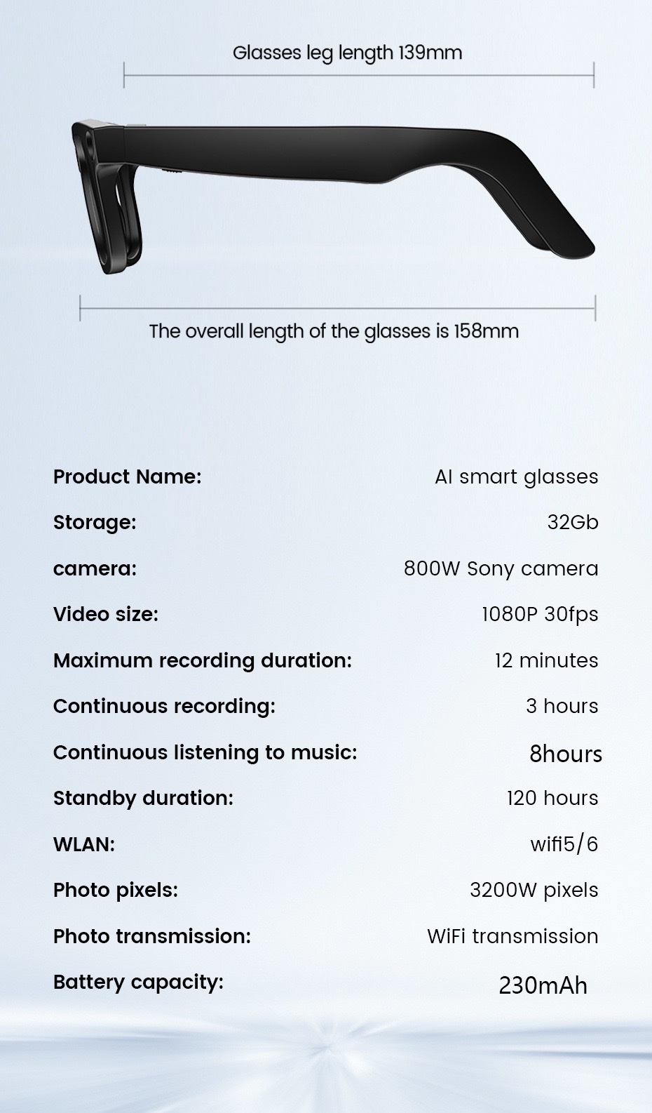 The E03 AI smart glasses feature 8-megapixel anti-shake camera, video and audio recording, real-time translation for listening to music, and ai recognition for taking photos detail image 15