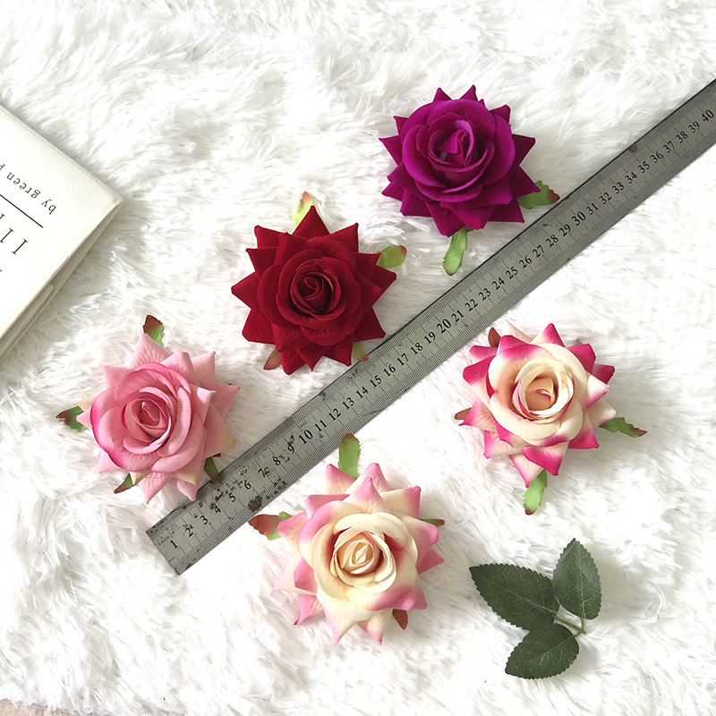 High-fidelity velvet rose flowers with a diameter of 9cm, medium size, diy material for clothing decoration, and handcrafted artificial flowers for export details Picture
