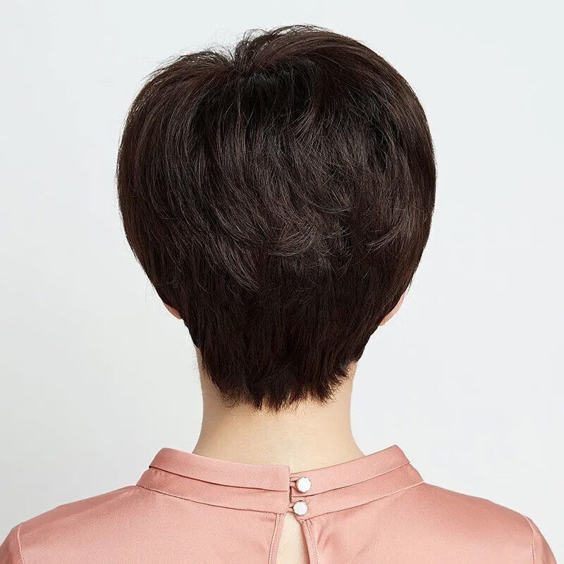 Natural full-head wig for women, short straight hair, full real hair wig, for middle-aged and elderly mothers, real hair, 2025 fold white hair details Picture