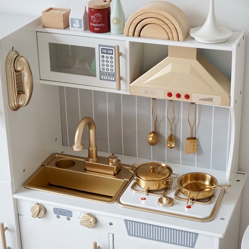 Cross-border water outlet Golden Kitchen simulates the sound and light effects of house playing, wooden toys, lighting atmosphere, complete kitchenware, children's kitchen toy set Specification image