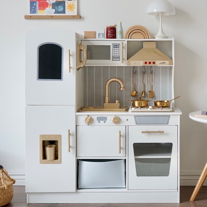 跨境出水黄金厨房仿真过家家声光效果木质玩具灯光氛围全套厨具 儿童厨房玩具套装