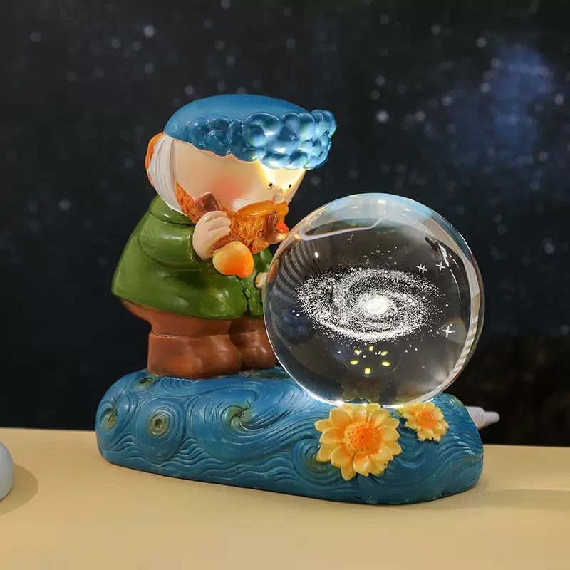 Creative Van Gogh starry night light, illuminated crystal ball, 3D engraved glass ball, desktop decoration, student festival gift