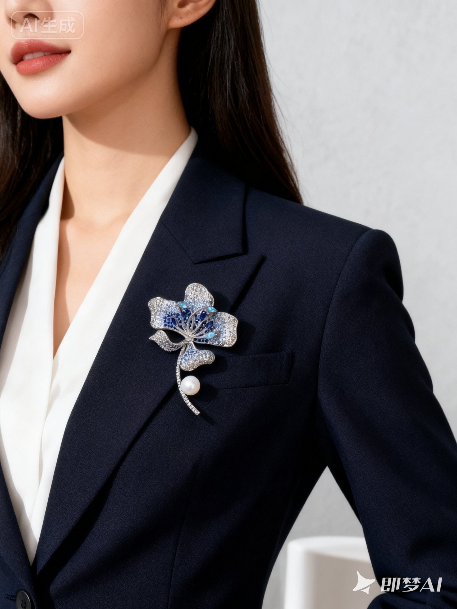 高雅蓝海棠胸针女闪耀珍珠花朵设计感奢华气质西装大衣别针时尚潮胸针胸针女