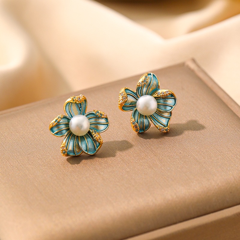 时尚天然淡水珍珠耳环女复古精致微镶满锆珍珠花朵耳钉百搭而耳饰 耳饰耳饰耳环重工耳环饰品耳钉