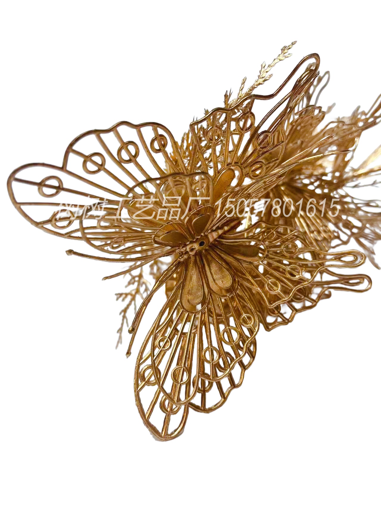 Artificial flowers, artificial flowers, golden three-dimensional butterflies, artificial flowers, Christmas flowers, home decoration, Christmas flower accessories, handcrafted flowers, golden flowers, artificial flowers, artificial flowers details Picture