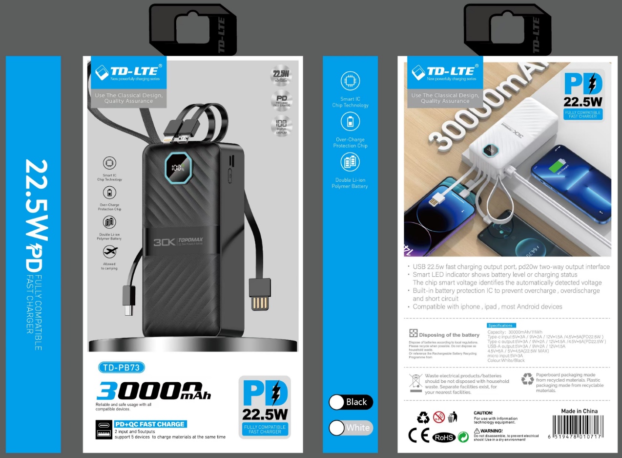 Td-Pb73 30000Mah Power Bank Pd22.5w Black And White details Picture