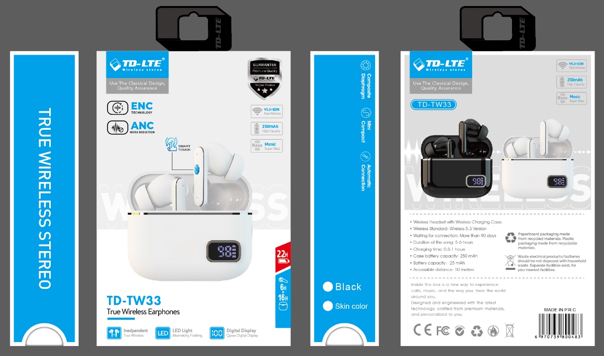 Bluetooth Wireless Headphones Enc+Ancled Display Tw33 Specification drawing