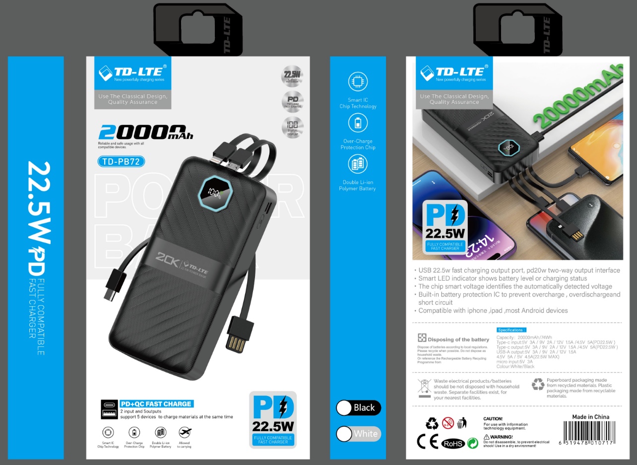 Td-Pb72 20000Mah Power Bank Pd22.5w Black And White details Picture