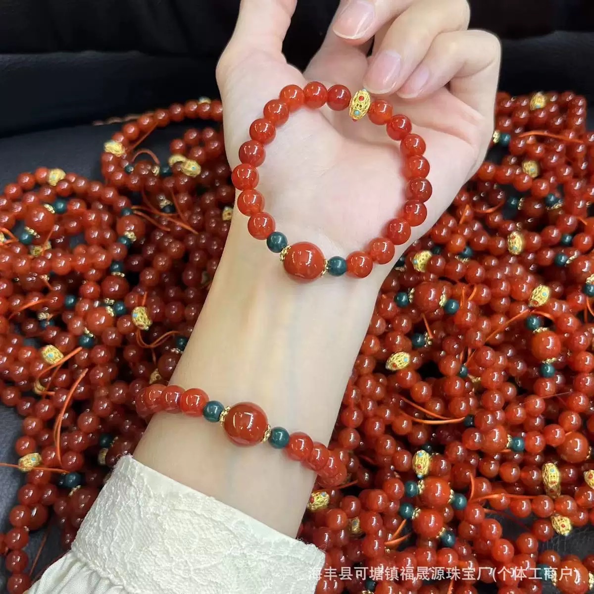天然红色玛瑙手链南红手串搭配古法金南红单珠
