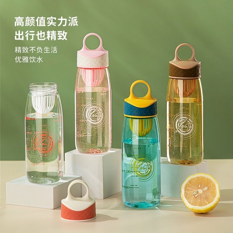 High-appearance-level portable student plastic water cup, large-capacity, shock-resistant with filter screen, graduated anti-drop travel cup full figure