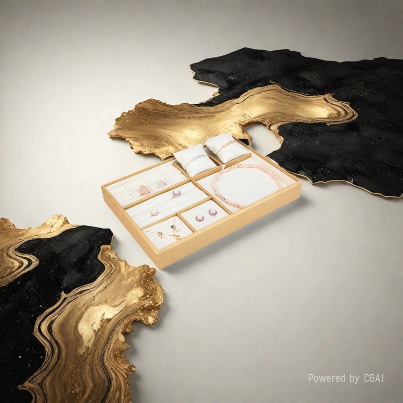 Factory direct sales of gold-rimmed and white-faced jewelry display racks, jewelry, gold and jade trays, and mixed trays Application Scenario