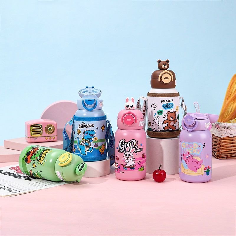 Kindergarten double-drinking children's insulated cup, straw cup, student water cup, high appearance level stainless steel water bottle, special for school