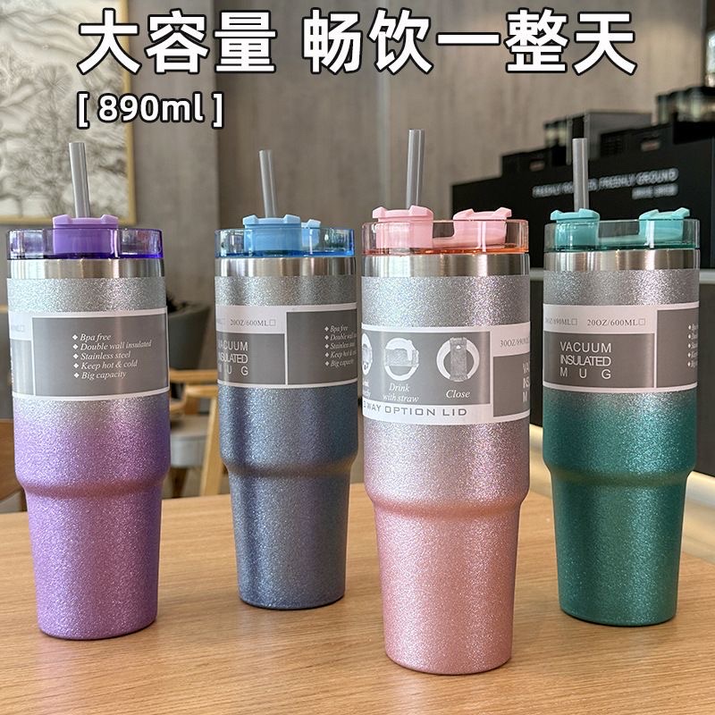 New 304 stainless steel water cup with high appearance level, gradient straw, portable car cup with lid and ice cup Specification drawing