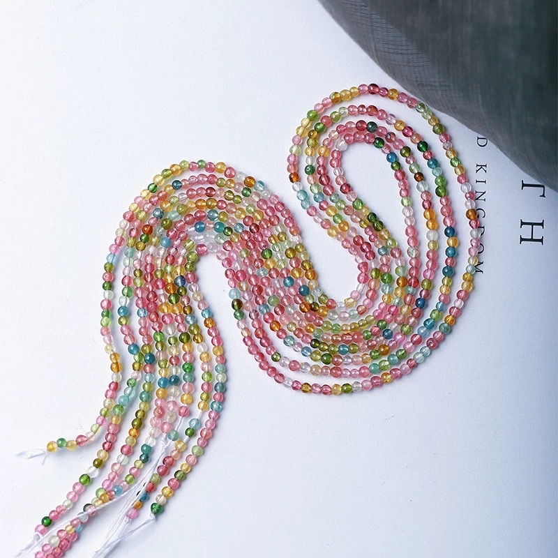 Natural candy-colored tourmaline, millet beads, semi-finished round beads, women's crystal beaded bracelet DIY material, loose beads Specification image