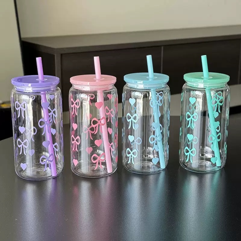 New plastic water cup, girl's ins bow plastic cup, plastic Mason cup, snowball cup, straw cup, anti-drop full figure