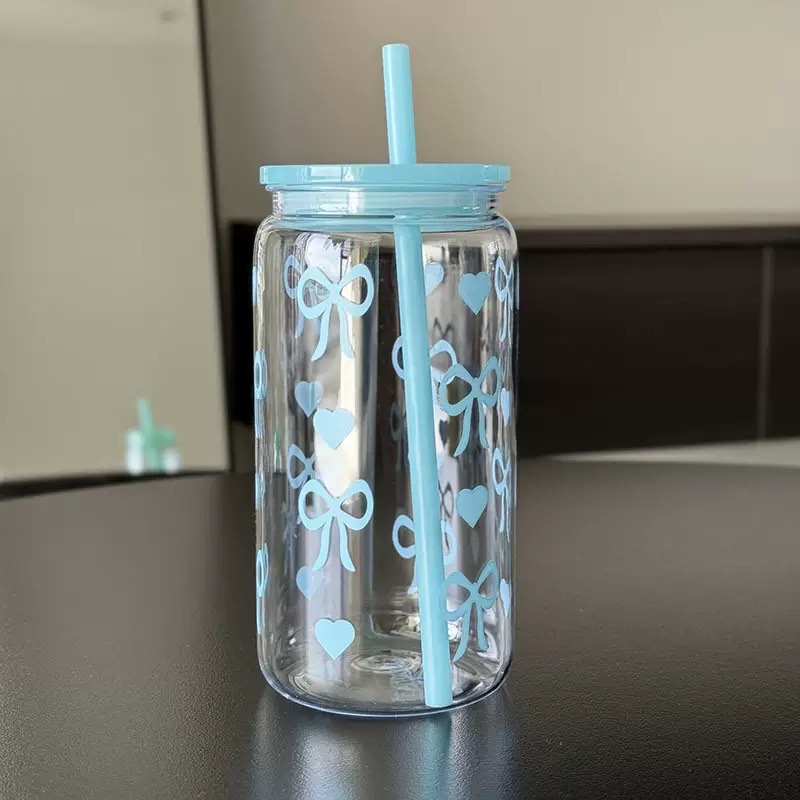New plastic water cup, girl's ins bow plastic cup, plastic Mason cup, snowball cup, straw cup, anti-drop Specification drawing