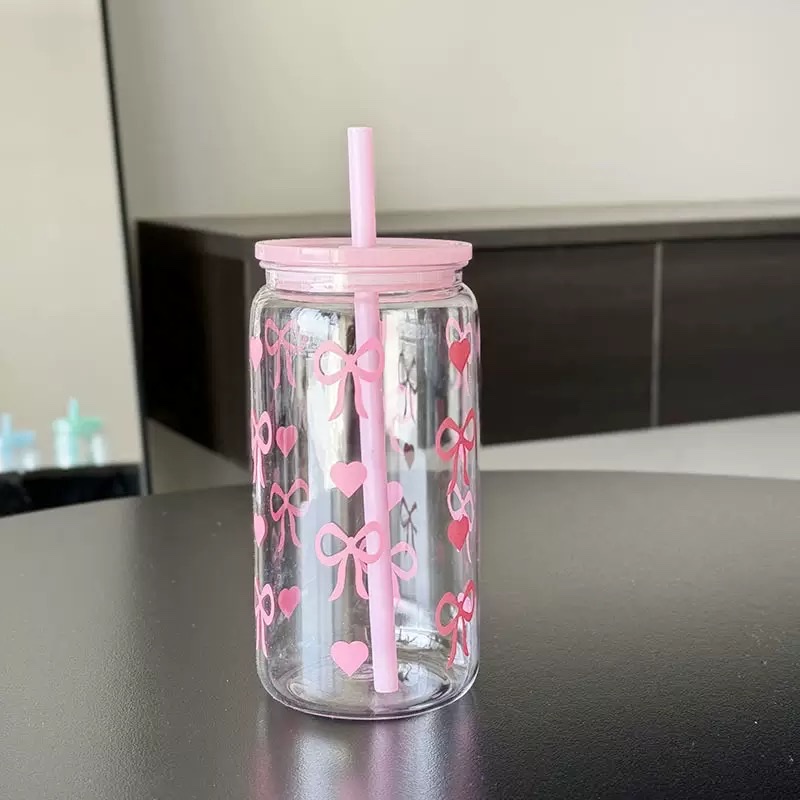 New plastic water cup, girl's ins bow plastic cup, plastic Mason cup, snowball cup, straw cup, anti-drop details Picture