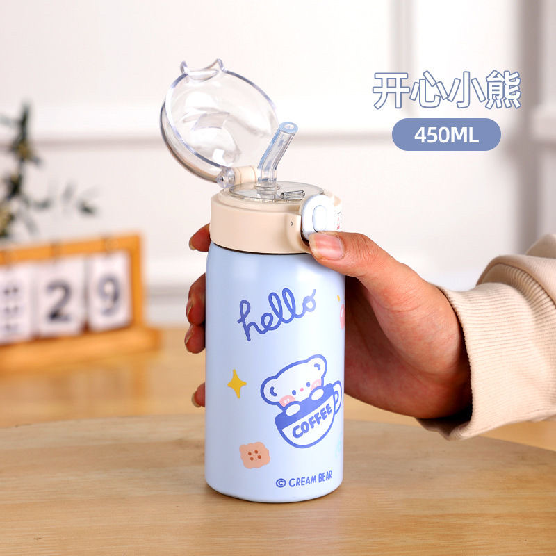 High appearance level 304 stainless steel insulated cup, cartoon little bear outdoor portable water cup, student bouncing lid straw cup, other 450ML 1074YE details Picture