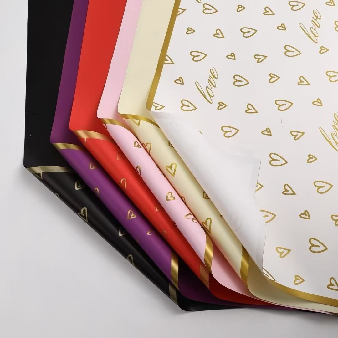 Pengfa Packaging Factory Store's Golden Edge love Heart-shaped Edition Golden Edge Sweetheart Waterproof Flower Wrapping Paper, Flower Shop Floral Art Wrapping Paper, Gift Paper, Cross-border Factory Direct Sales Wrapping Paper, Ribbons Specification image