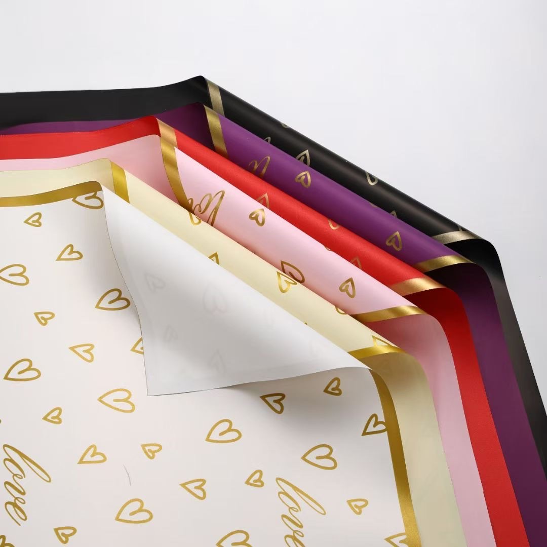Pengfa Packaging Factory Store's Golden Edge love Heart-shaped Edition Golden Edge Sweetheart Waterproof Flower Wrapping Paper, Flower Shop Floral Art Wrapping Paper, Gift Paper, Cross-border Factory Direct Sales Wrapping Paper, Ribbons details Picture