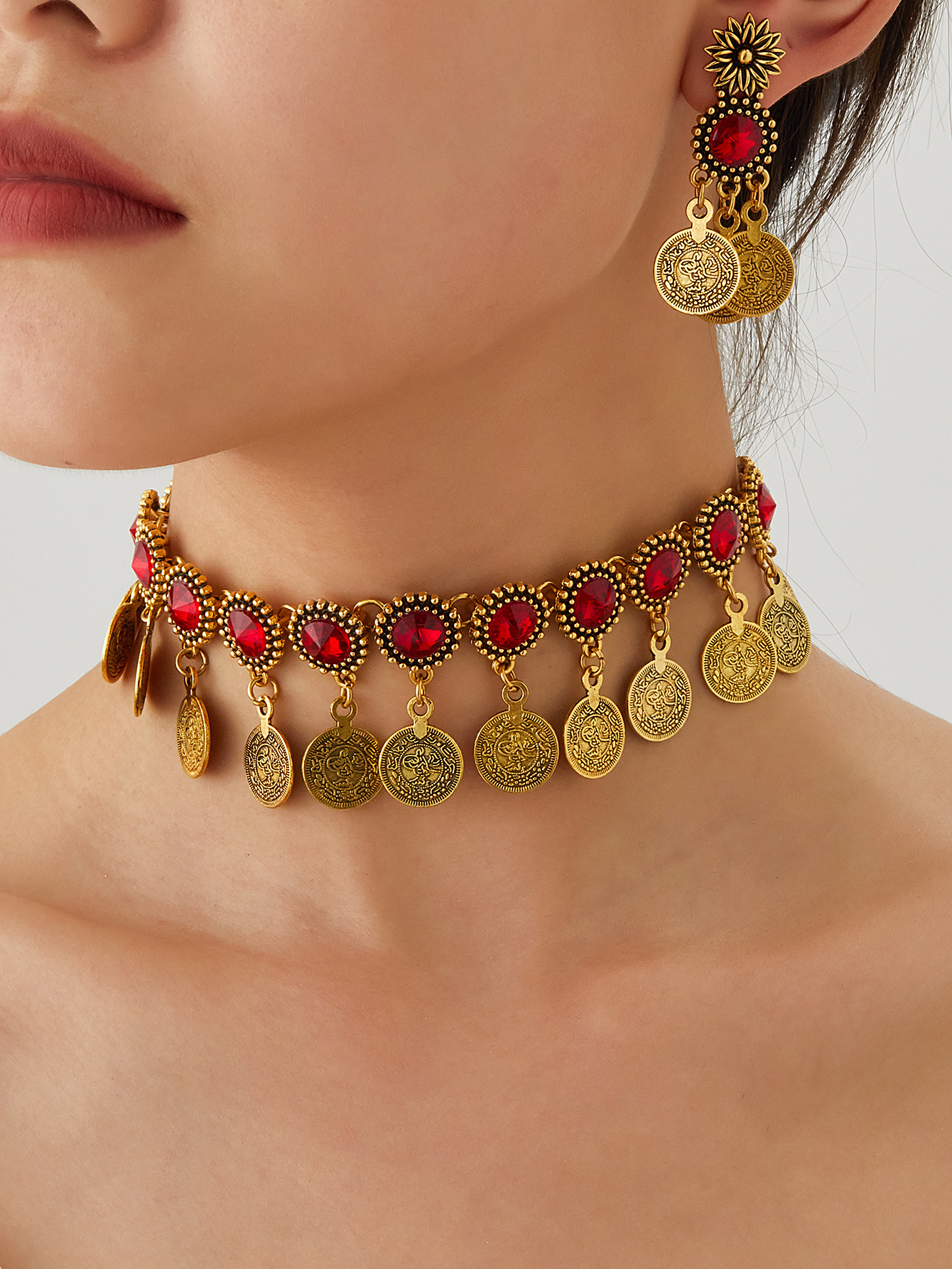 一条时尚精美 多个古钱币 多个人造水晶圆形 阿拉伯风 女士金属修理 一对时尚古钱币耳环 适合日常佩戴 各种节日佩戴 时尚详情图3