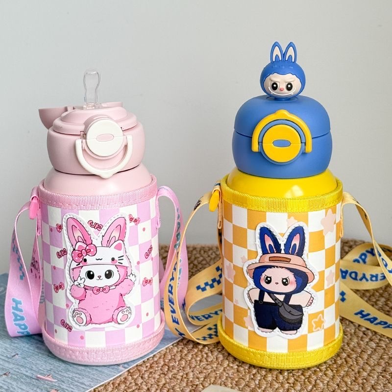 Quanxin Times 520ML new insulated cup, student water cup, stainless steel, high appearance level, cute portable straw, cartoon children details Picture