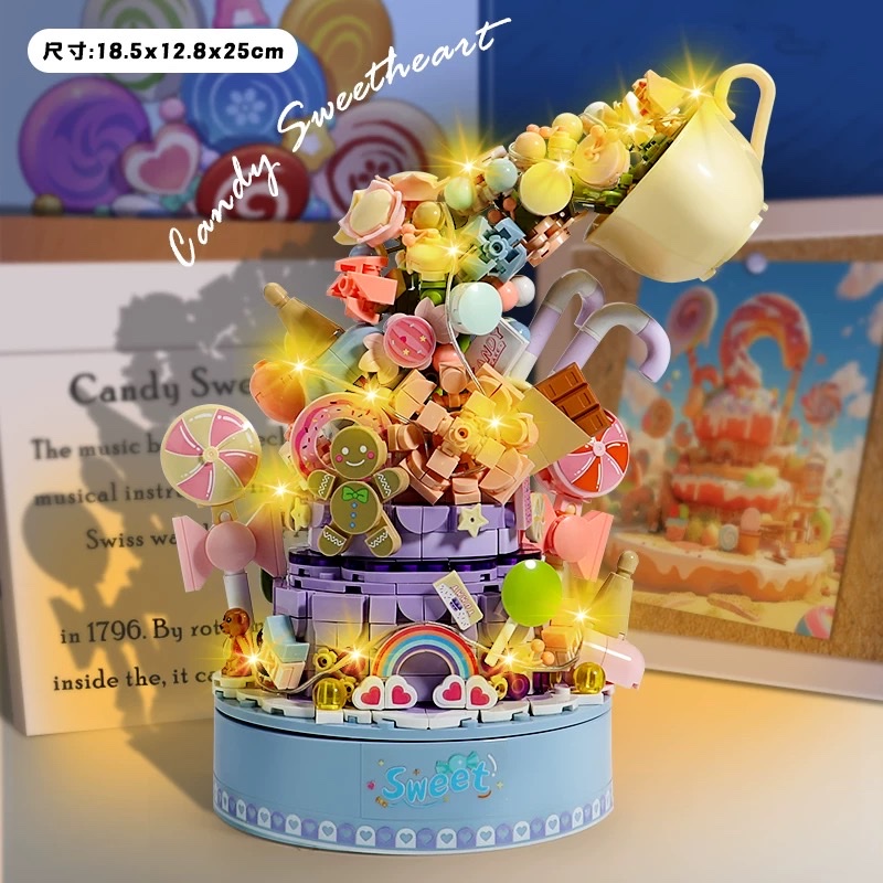 Building blocks, imaginative music box, rose handcrafted assembly building blocks, flower lights, music box, festival gift for women