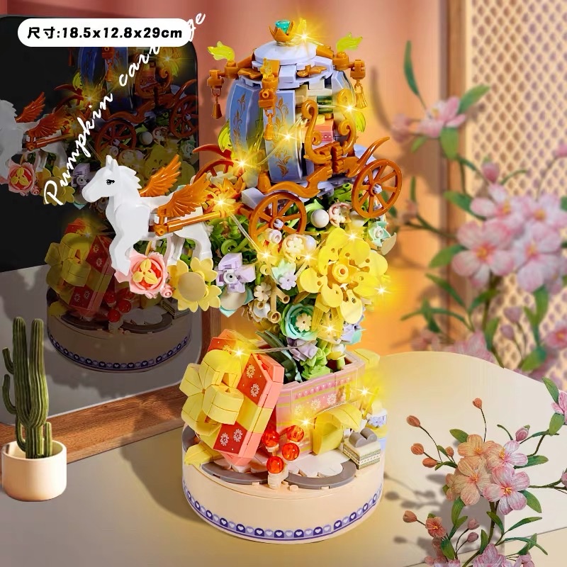 Building blocks, imaginative music box, rose handcrafted assembly building blocks, flower lights, music box, festival gift for women details Picture