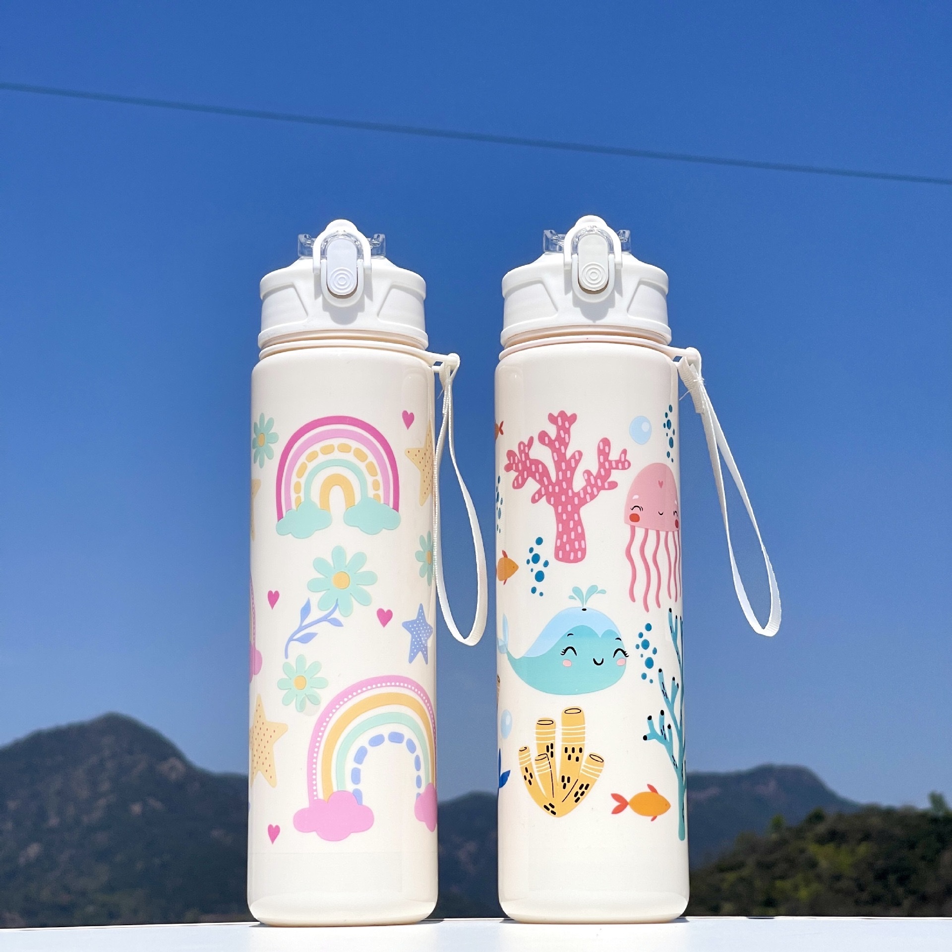 New cross-border 1000ML2025 Cartoon pattern outdoor sports water cup, large capacity plastic cup, portable and simple space cup, 2007-896D /W details Picture