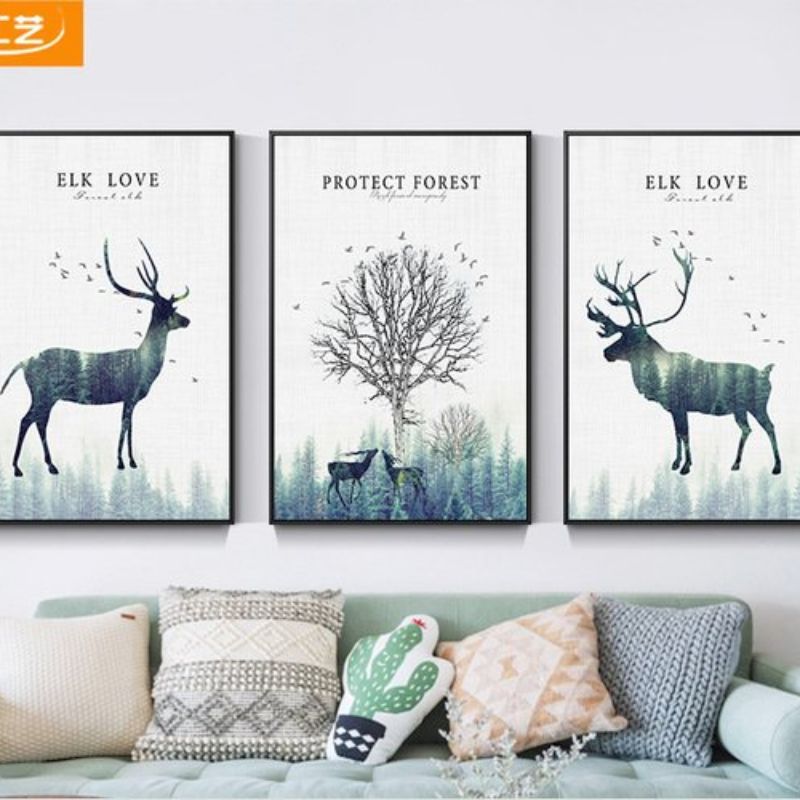 现代简约客厅装饰画大气三联沙发背景墙挂画抽象水墨山水壁画麋鹿装饰画