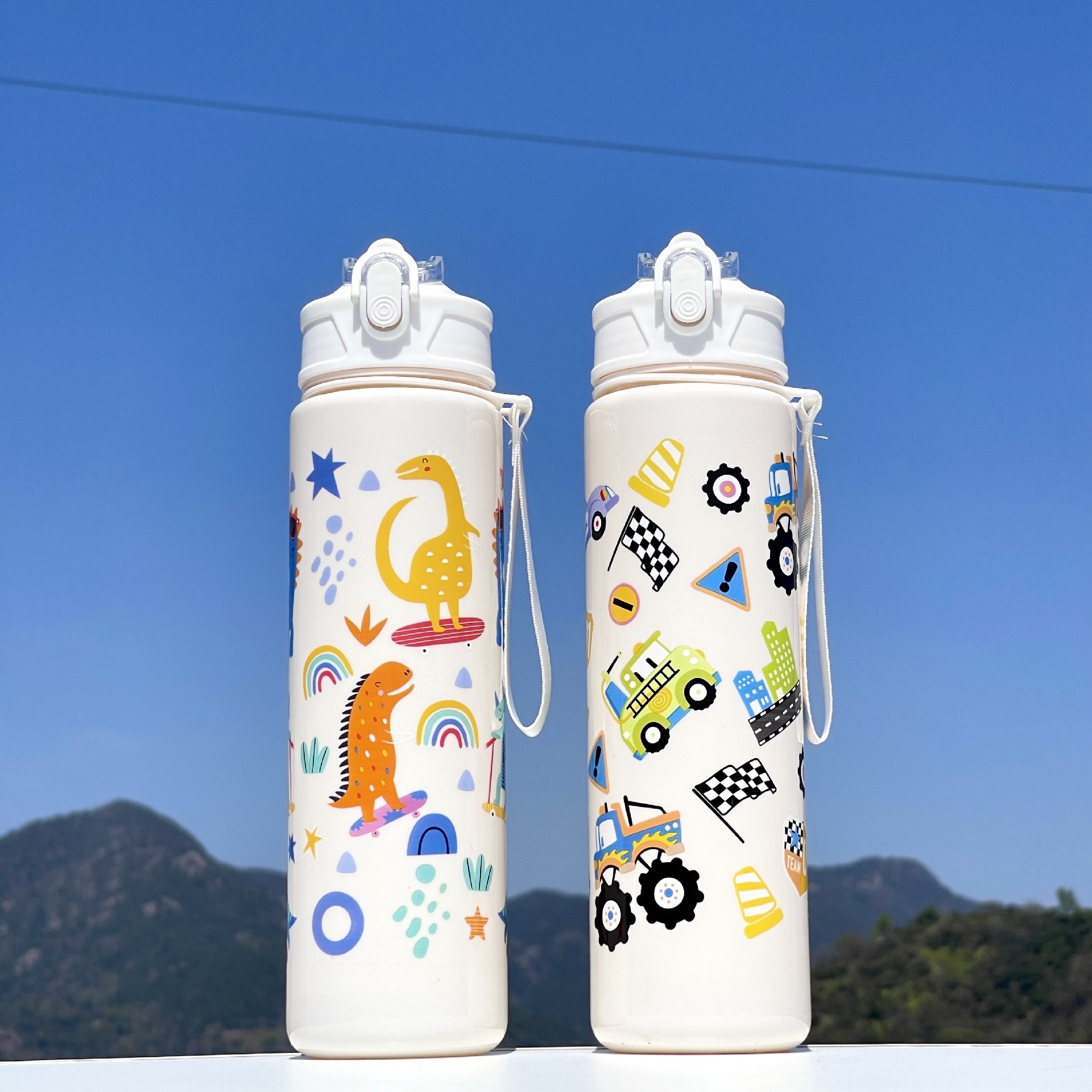 New cross-border 1000ML2025 Cartoon pattern outdoor sports water cup, large capacity plastic cup, portable and simple space cup, 2007-896D /W Specification drawing
