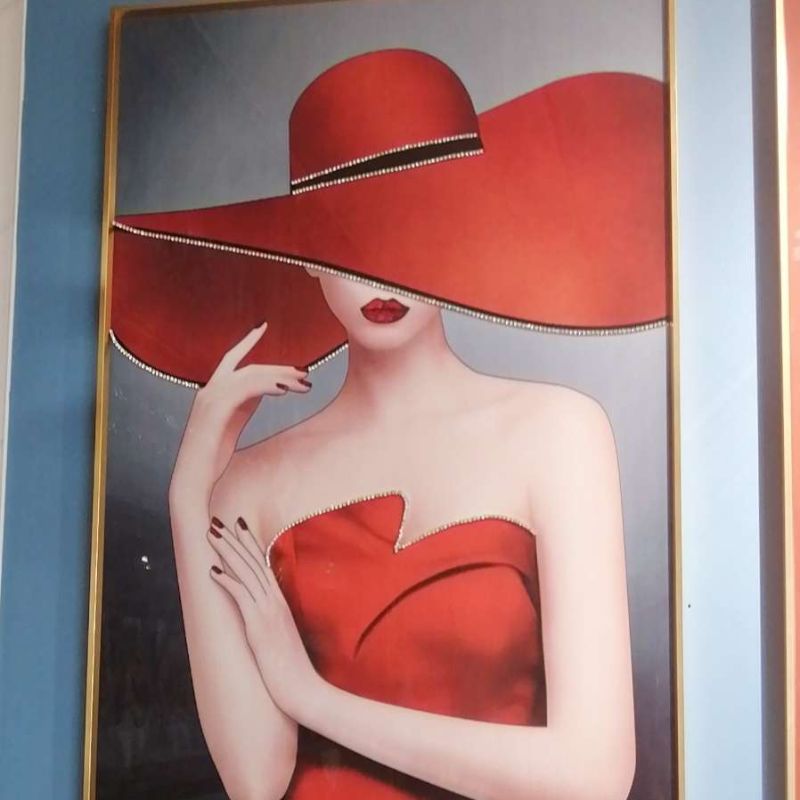 玄关晶瓷镶钻铝合金框装饰画人物橙红时尚女郎酒店客厅过道画