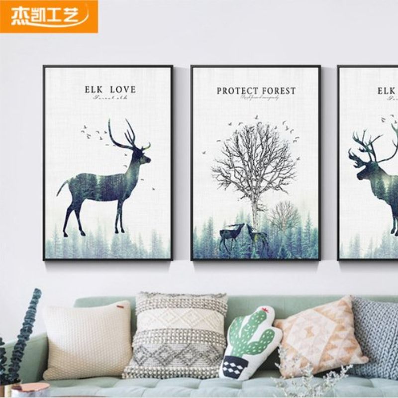 现代简约客厅装饰画大气三联沙发背景墙挂画抽象水墨山水壁画麋鹿装饰画细节图