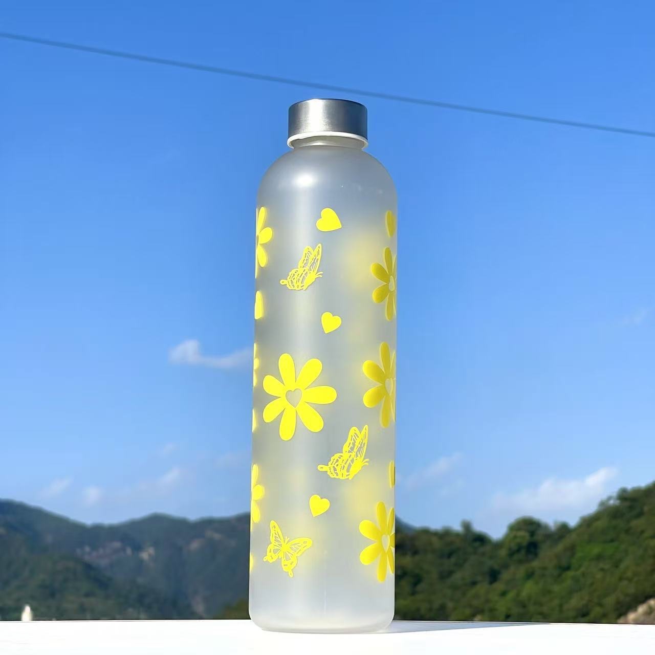 2025 New model Other cross-border 1000ML plastic cups, fresh and clean girl student cups, frosted bow flower pattern water cups, 707-1-896D /S details Picture