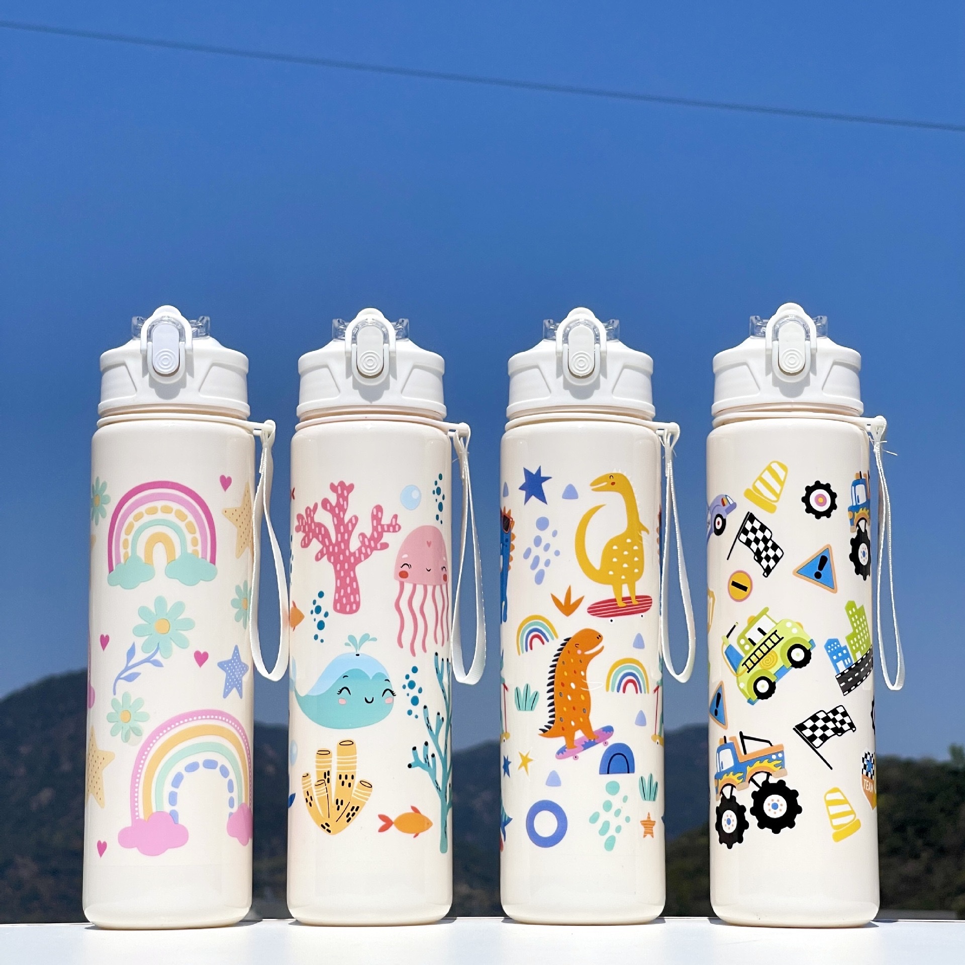 New cross-border 1000ML2025 Cartoon pattern outdoor sports water cup, large capacity plastic cup, portable and simple space cup, 2007-896D /W full figure